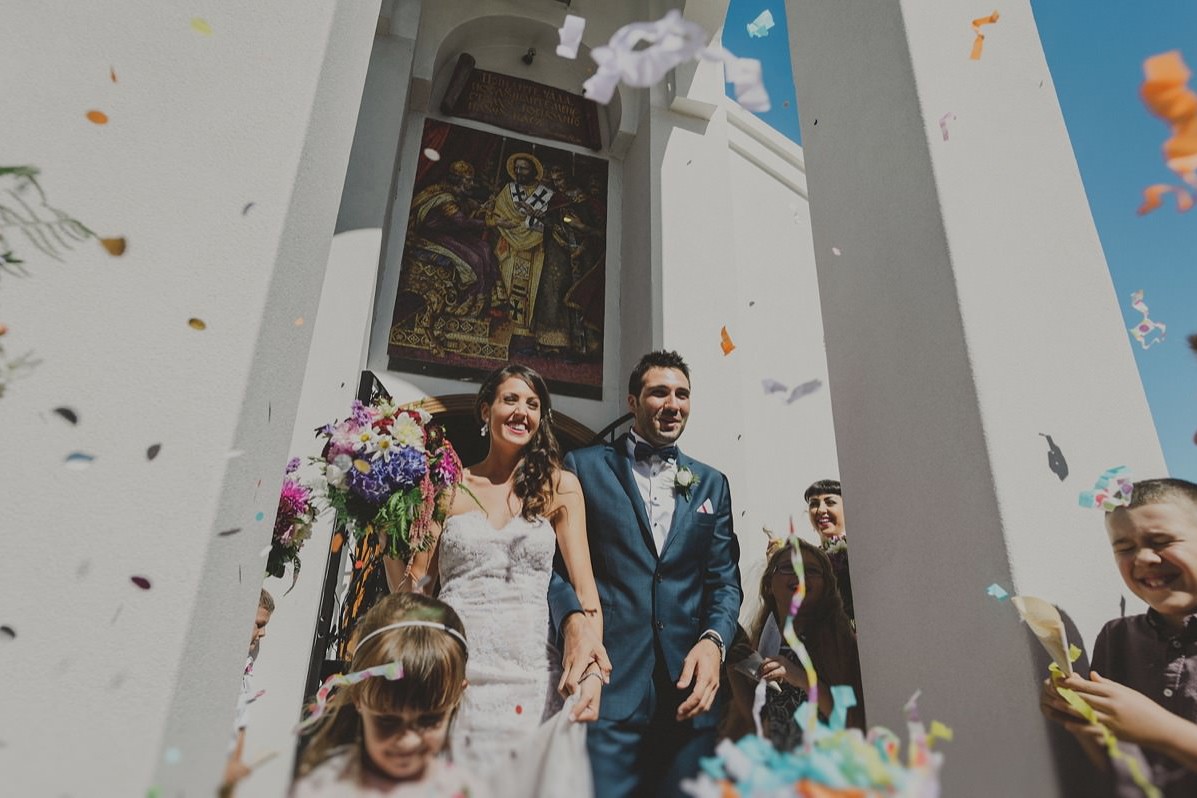 serbian catholic church bride and groom confetti
